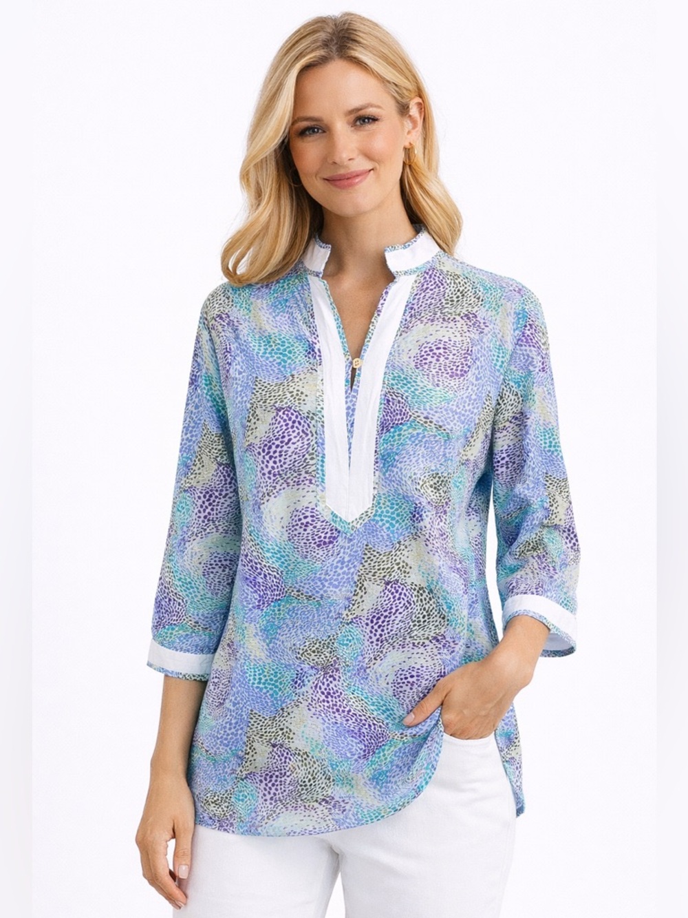 Peter Millar Womens Vibrant Coastal Print Tunic Top M Bohemian Chic 3/4 Sleeve